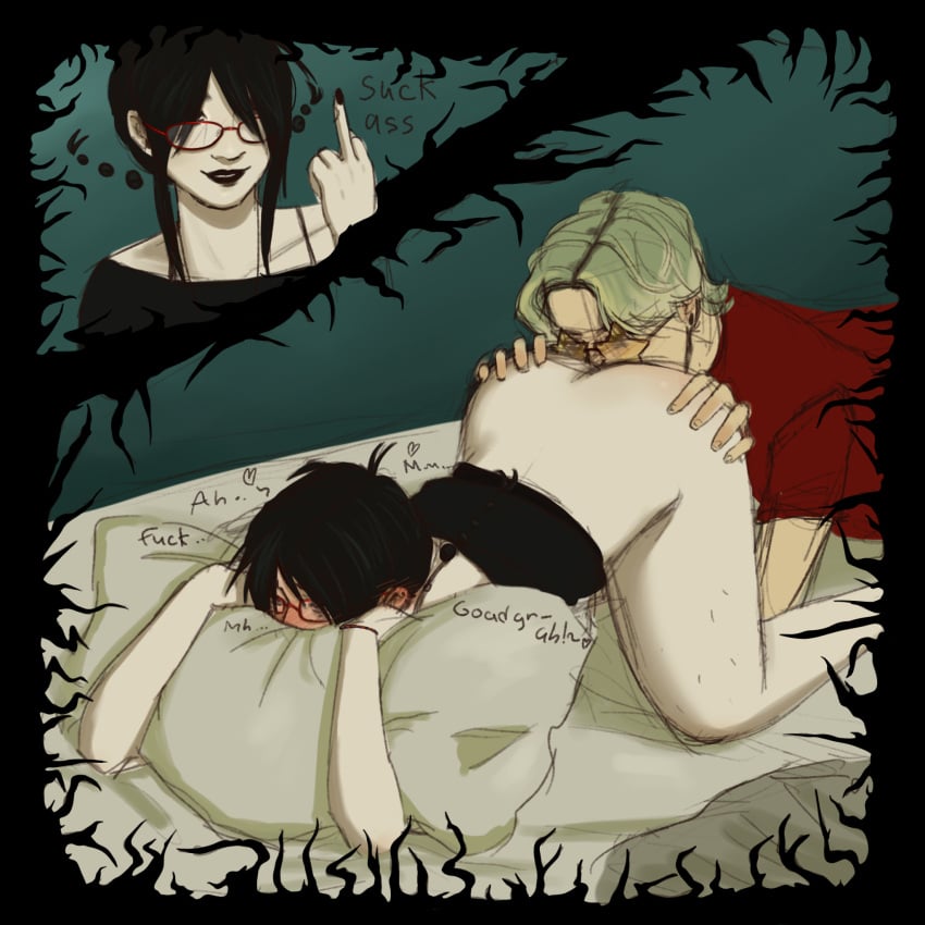 anal anilingus artist_request asian black_eyes black_hair blush clothed_sex colored_hair cxykxdnx9c emo flipping_off frame friends glasses hairy half-dressed happy hugging_pillow lgbt punk_girl text two_girls white yuri