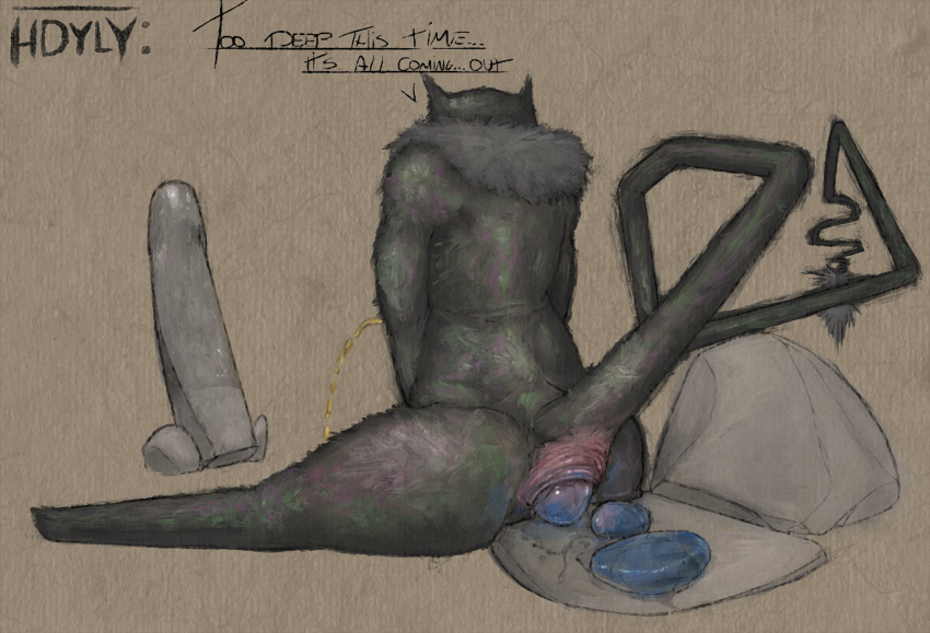 anal_prolapse anthro artist_logo artist_name black_body black_fur bodily_fluids bodily_fluids_from_ass bodily_fluids_in_ass bodily_fluids_on_ground cryptid dialogue digitigrade egg_play english_text fur genital_fluids genitals hdyly hi_res implied_insertion improvised_dildo improvised_sex_toy line_art logo long_tail male neck_tuft peeing prehensile_tail prolapse pushing_out rendered seraphix signature sitting tail tail_tuft text tuft urinating urinating_male urination urine urine_stream watersports