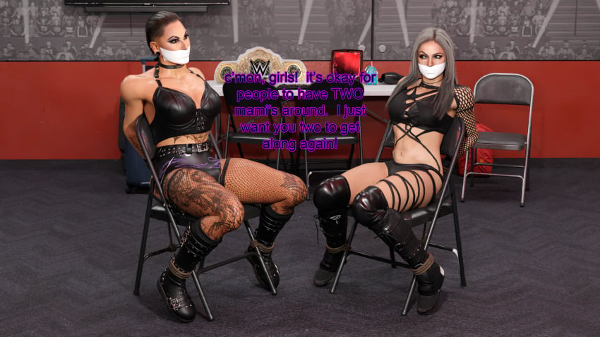 2girls 3d backstage blender blonde_hair bondage chair_bondage chair_tied female_focus gag gagged goth_girl liv_morgan locker_room microfoam_tape muscular_female rhea_ripley rope rope_bondage short_hair taped_mouth theblendertaper wrestler wrestling wrestling_gear wwe wwe_2k wwe_diva