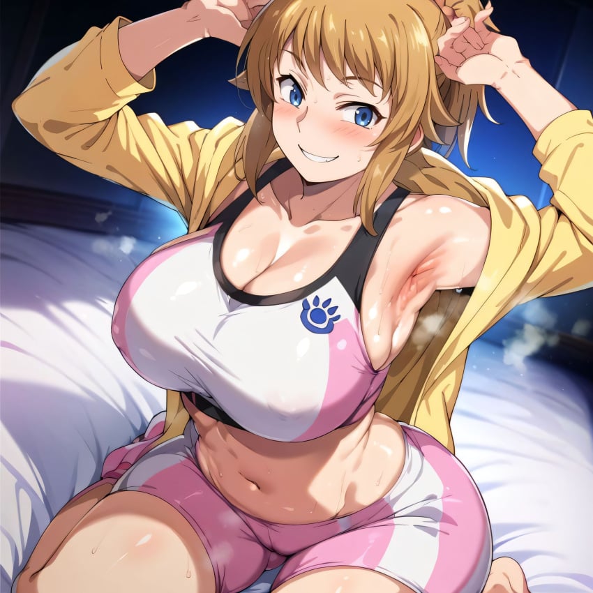 1girls ai_generated alternate_breast_size armpits big_breasts bike_shorts bostin breasts busty curvaceous curvy curvy_body curvy_female curvy_figure female gundam_build_fighters hoshino_fumina huge_breasts large_breasts nipples shorts solo sports_bra sweat sweating sweaty sweaty_body sweaty_breasts thick_thighs thighs venus_body