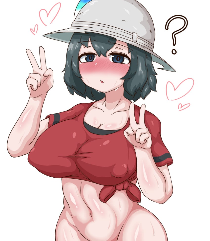 1girls ? big_breasts blush breasts double_peace_sign double_v female female_only huge_breasts kaban_(kemono_friends) kemono_friends large_breasts navel peace_sign sangchussam upper_body v_sign