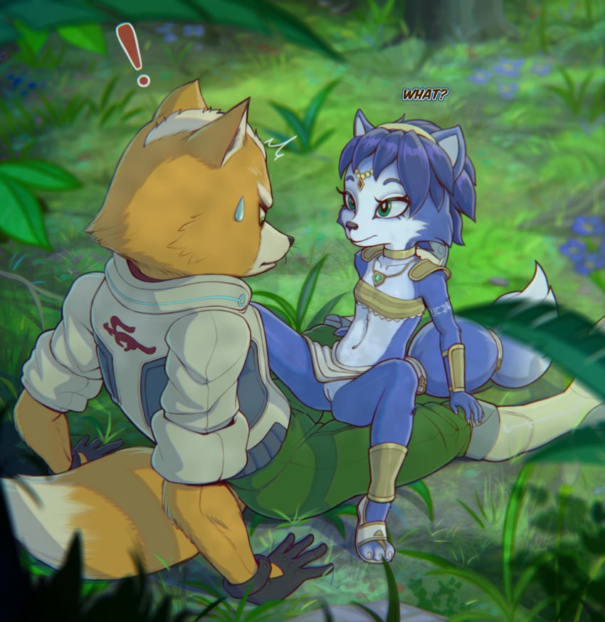 2024 age_difference aged_down ass bodily_fluids canid canine clothed clothing eco19 female forest fox fox_mccloud genitals hi_res krystal looking_at_another male mammal nintendo plant pussy sitting smile spread_legs spreading star_fox star_fox_adventures sweat sweatdrop tree upskirt