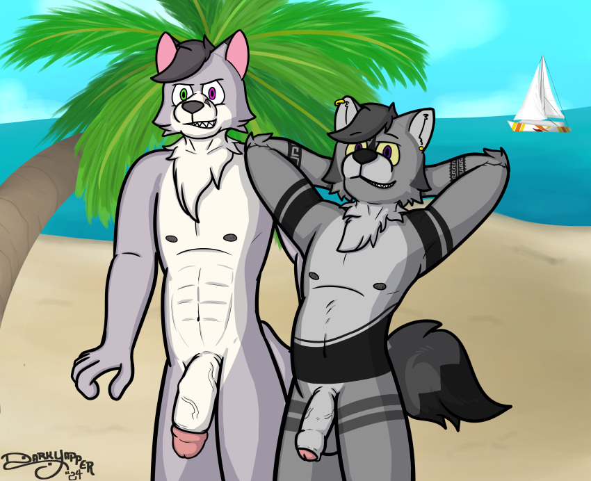 absurd_res anthro balls beach big_penis biped canid canine canis circumcised darkyapper digital_drawing_(artwork) digital_media_(artwork) duo foreskin fox foxstep genitals glans grey_body hi_res humanoid_genitalia humanoid_penis male male/male male_anthro mammal nipples nude nudist partially_retracted_foreskin penis piercing romantic romantic_couple tattoo true_fox vein veiny_penis wolf yeik_ancient