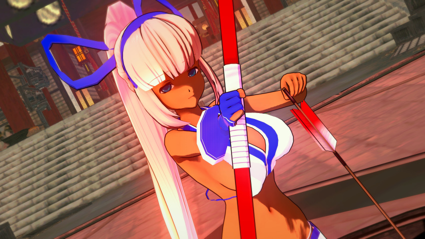 1girls big_breasts bikini blue_eyes breasts busty cleavage dark-skinned_female dark_skin expressionless feet female female_only fingerless_gloves gloves grey_hair hair_ribbon highres kneeling large_breasts looking_at_viewer majikina_mina navel ponytail ribbon samurai_shodown sarong sideboob snk solo swimsuit thong_bikini voluptuous