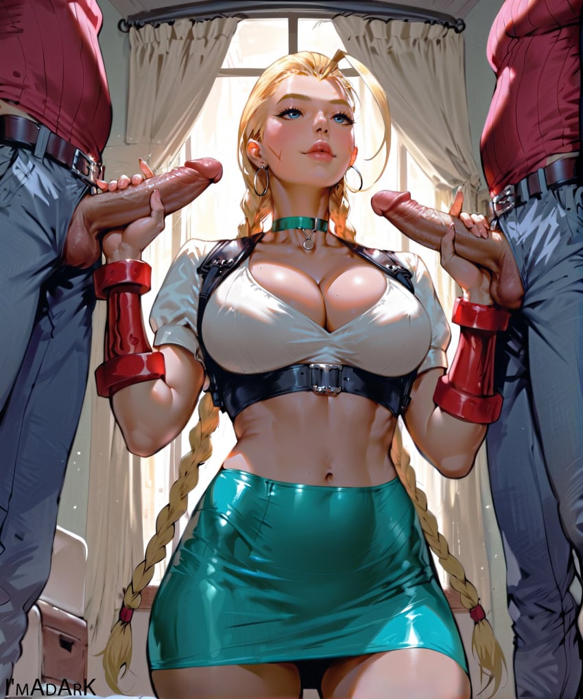 1girls 2boys ai_generated beret big_breasts big_penis black_harness blonde_hair blue_eyes braided_hair cammy_white capcom choker cleavage clothed_sex double_handjob green_choker green_latex_skirt handjob harness holding_penis latex_skirt long_hair skirt street_fighter street_fighter_v unzipped