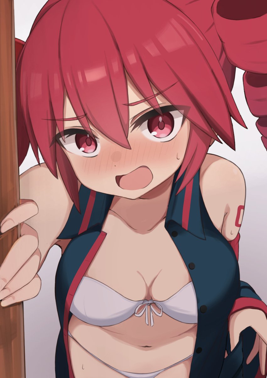 1girls bare_shoulders black_jacket blush breasts buttons cleavage collarbone door drill_hair female female_only kasane_teto large_breasts looking_at_viewer navel nicomi-chan open_jacket open_mouth pov red_eyes red_hair red_trim shoulder_tattoo solo solo_female sweat tattoo twin_drills utau white_bikini