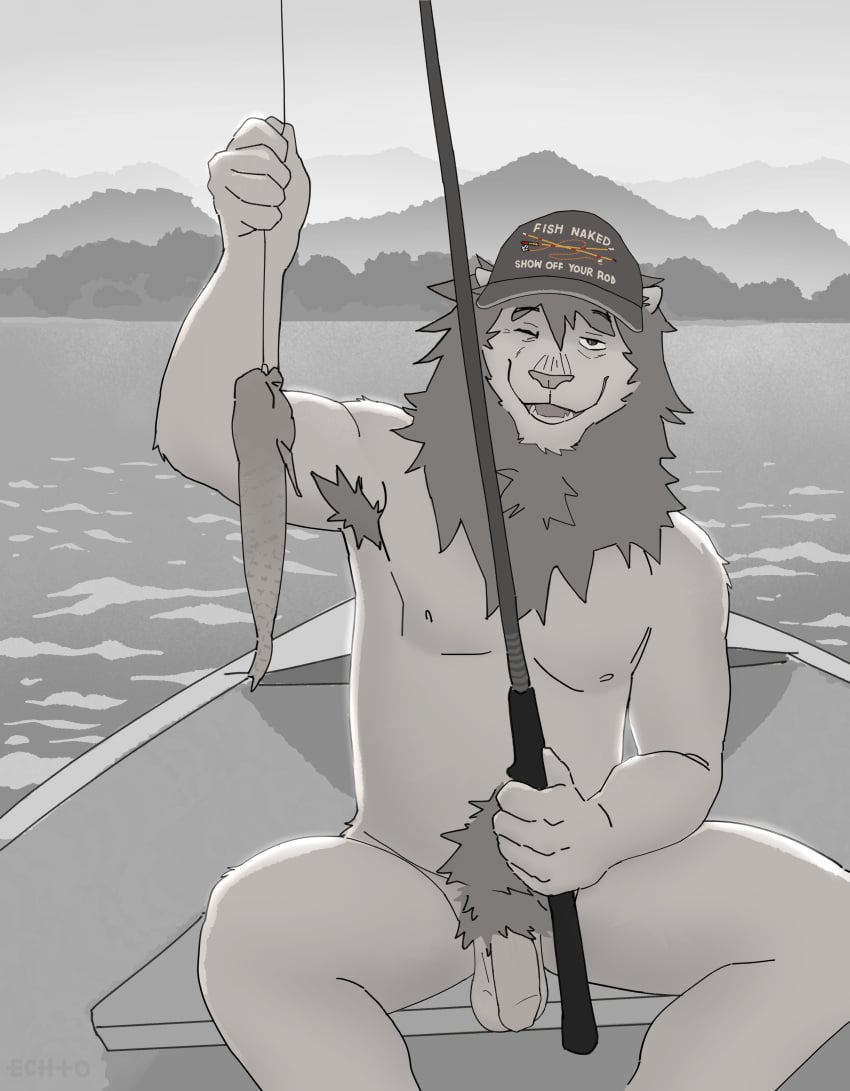 2024 absurd_res anthro armpit_hair balls baseball_cap baseball_cap_only belly_hair boat body_hair casual_nudity clothing echto felid fish fishing fishing_rod flaccid foreskin genitals grin hat headgear headwear hi_res lion looking_at_viewer male mammal mane marine mountain nipples nude one_eye_closed open_mouth outside pantherine penis pubes sitting smile solo vehicle watercraft