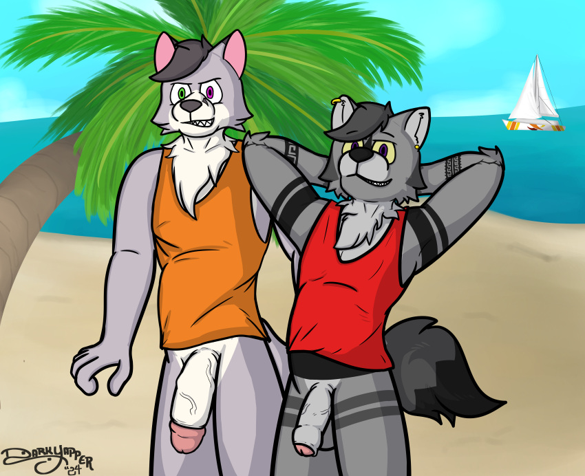 absurd_res anthro beach big_penis bottomless canid canine canis clothed clothing darkyapper digital_drawing_(artwork) digital_media_(artwork) duo foreskin fox foxstep genitals grey_body hi_res male male/male mammal nudist penis piercing romantic romantic_couple shirt shirt_only smile tattoo topwear topwear_only true_fox wolf yeik_ancient