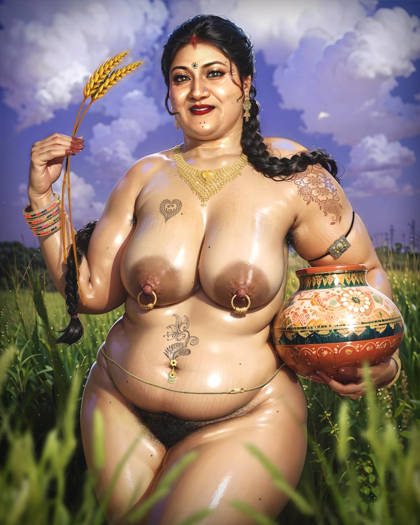 armpit_hair aunty bbw black_hair braid farm field indian jewelry long_hair mature_female milf nipple_piercing nude pubic_hair rasigunn rasigunn_digitalart sagging_breasts tribal village