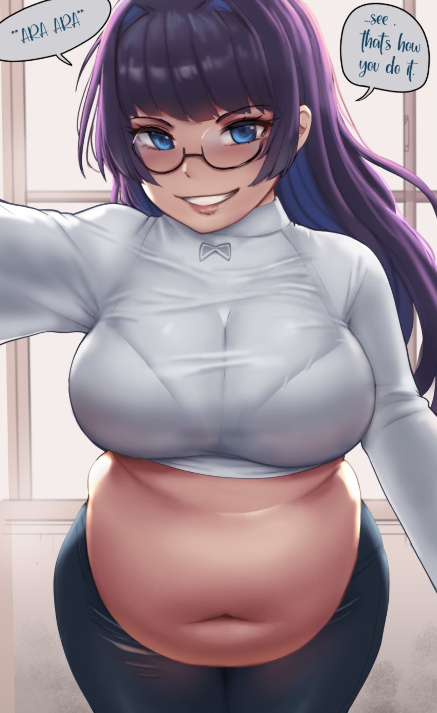 ara_ara bbw belly_overhang big_belly big_female blush chubby chubby_female embarrassed english_text fat fat_ass fat_female fat_fetish fat_girl fat_woman fatty glasses hololive hololive_english kipteitei large_female obese obese_female ouro_kronii overweight overweight_female pig plump pork_chop pudgy_belly purple_hair speech_bubble thick_thighs tubby virtual_youtuber vtuber weight_gain