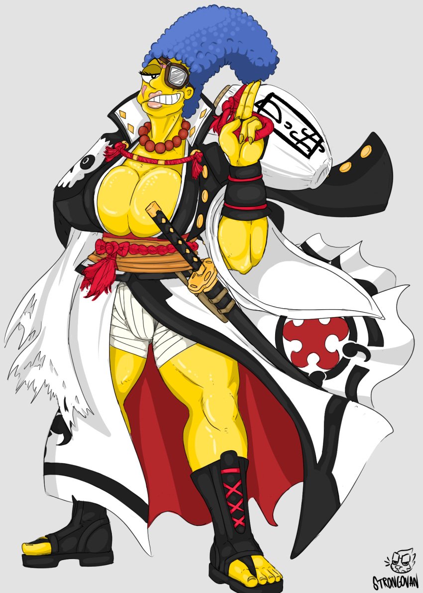 baiken big_breasts blue_hair clothed clothing guilty_gear marge_simpson massive_breasts strongovan the_simpsons yellow_body yellow_skin