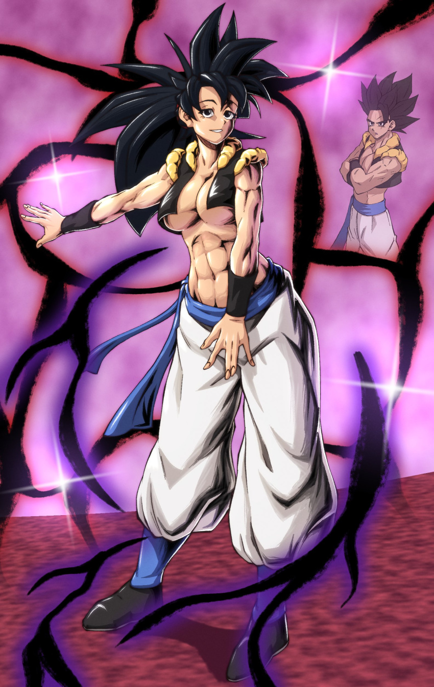 (ftw abs arabian_clothes arts) athletic_female belly_button black_eyes black_hair dragon_ball dragon_ball_super dragon_ball_z fit_female ftw_arts fusion_suit gogeta gogeta_(cosplay) medium_breasts metamoran_clothing muscular_female navel oc original_character saiyan six_pack son_goku spiked_hair spiky_hair vegeta