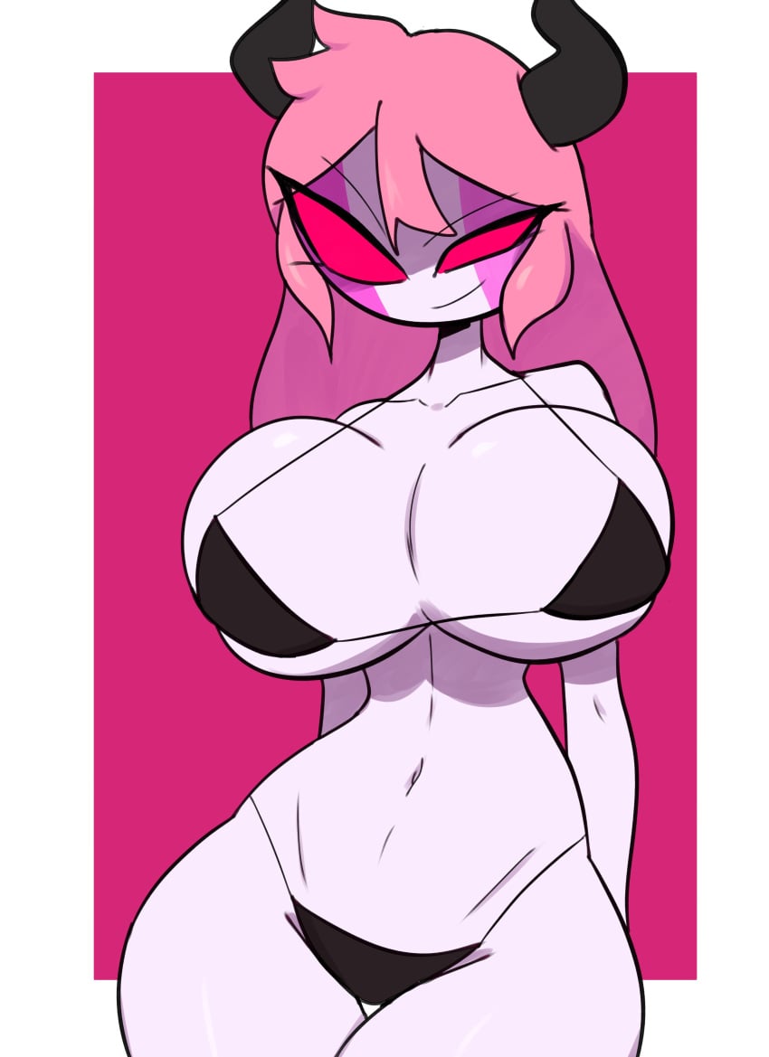 belly_button bikini black_bikini demon demon_girl demon_horns fnf_(full_comfort_style) fnf_sarvente_(full_comfort_style) friday_night_funkin friday_night_funkin_mod full_comfort glowing_eyes horns huge_breasts long_hair long_pink_hair mid_fight_masses pink_hair sarvente_(demon_form) sarvente_(dokki.doodlez) slim_legs slim_waist small_smile succubus tagme