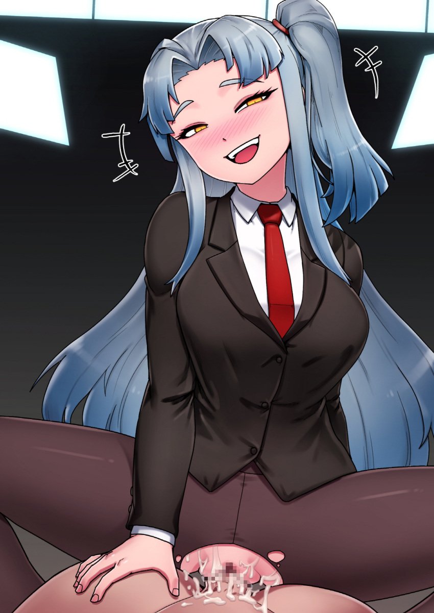 amazonian_mating_press angela_(lobotomy_corporation) ayin_(lobotomy_corporation) big_breasts blue_hair blush cum cum_in_pussy cum_inside dominant_female dominated_male female_on_top femdom forced_orgasm korean_text lobotomy_corporation long_hair mackgee pantyhose project_moon red_hair_tie ripped_clothing ripped_pantyhose side_ponytail smug smug_expression smug_face smug_grin submissive_male suit suit_and_tie translation_request vaginal_penetration vaginal_sex x_(lobotomy_corporation)