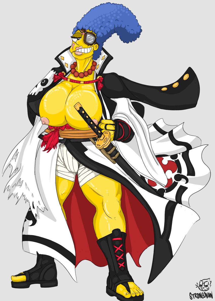 baiken big_breasts blue_hair breasts clothing exposed_breasts female guilty_gear marge_simpson massive_breasts nipples strongovan the_simpsons yellow_body yellow_skin