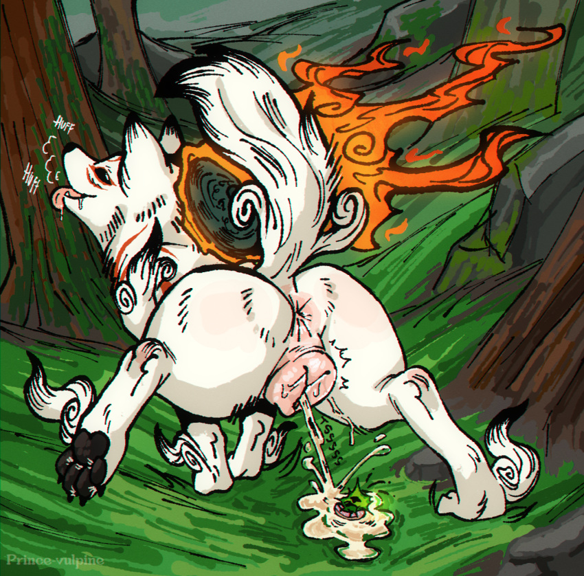 amaterasu_(okami) animal_genitalia animal_pussy anus ass bodily_fluids breath canid canine canine_genitalia canine_pussy canis capcom clover_studio female feral fire fur genital_fluids genitals grass hi_res mammal markings okami_(capcom) open_mouth outside panting pawpads peeing plant prince-vulpine pussy simple_background smile solo tail tongue tongue_out tree urine urine_stream watersports white_body white_fur wolf