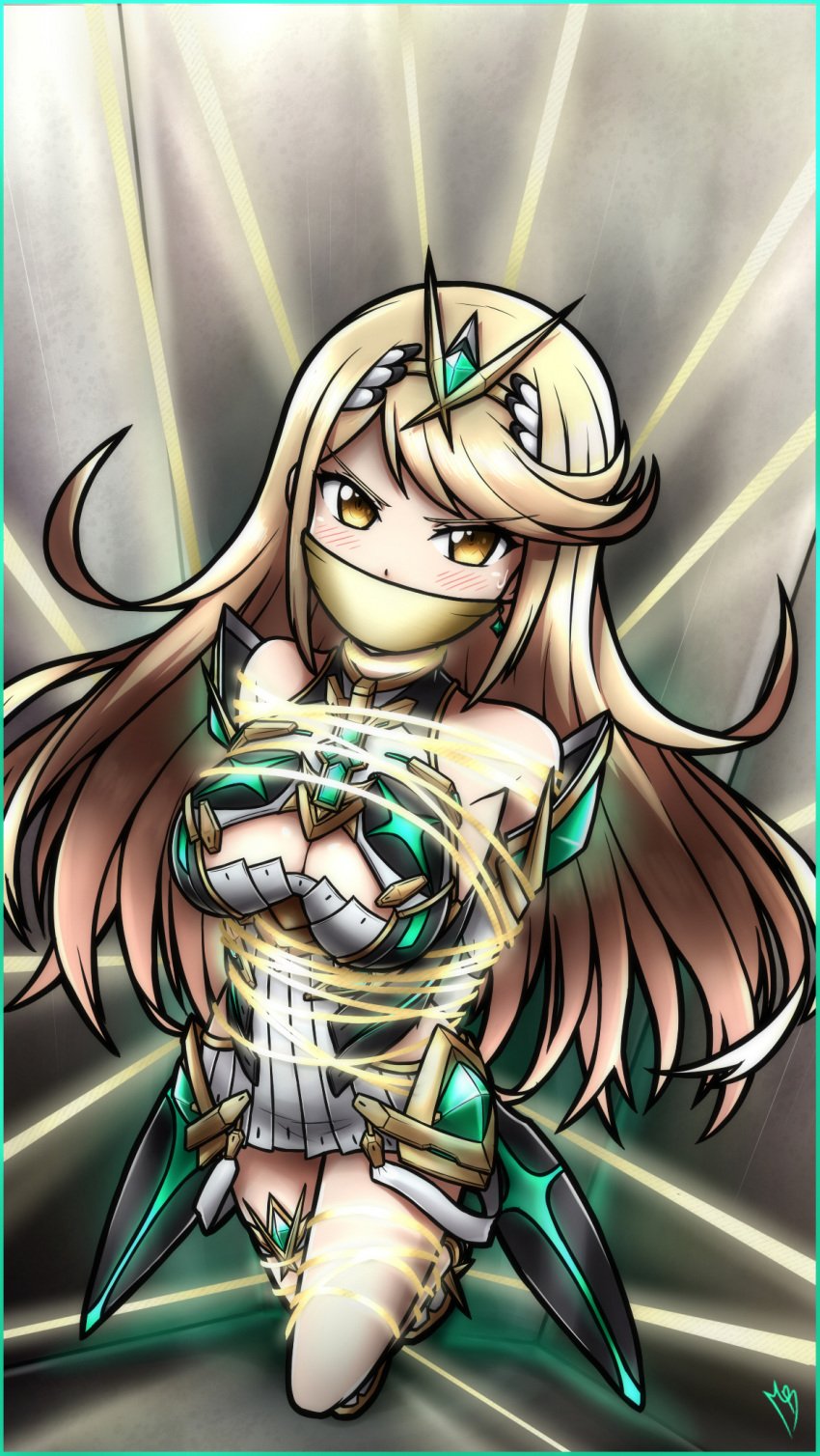 angry armor arms_behind_back bangs bare_shoulders blonde_hair blush bondage bound bound_arms bound_wrists breasts cleavage cleavage_cutout clothed clothed_female dress eyebrows_visible_through_hair female female_only femsub gag gagged gem highres jewelry kidnapped kidnapping long_hair looking_at_viewer magnolia-baillon mythra_(xenoblade) nervous nintendo restrained solo solo_focus swept_bangs tape tape_gag taped_mouth thigh_strap thighhighs tied_up xenoblade_(series) xenoblade_chronicles_2 yellow_eyes