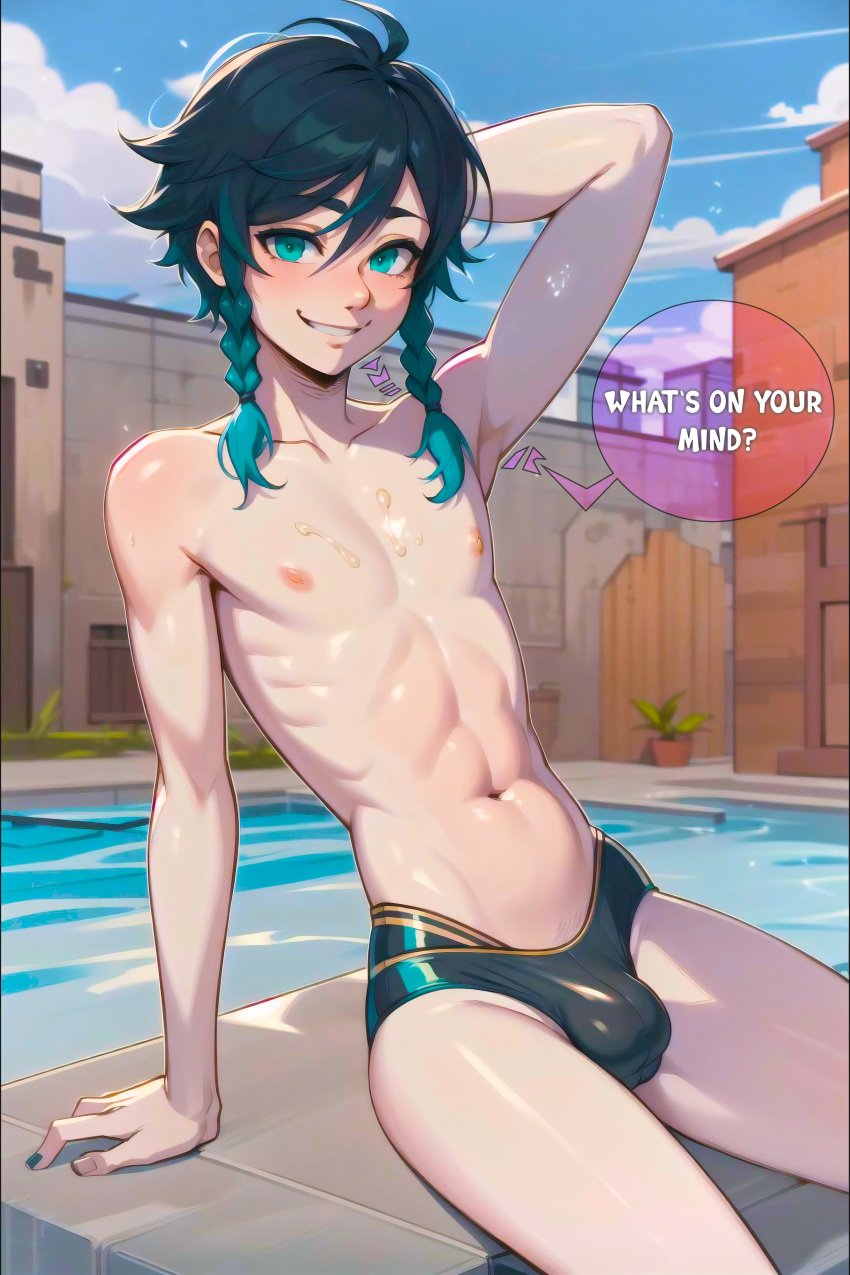 1boy abs ai_generated armpits arms_behind_head black_hair blush bulge cute darabri femboy feminine_male flat_chest gay genshin_impact girly green_eyes green_highlights headwear logo looking_at_viewer nipples otoko_no_ko pale_skin patreon patreon_logo penis_bulge pool solo_focus swimsuit teasing text text_bubble trap twintails venti_(genshin_impact) wet yaoi