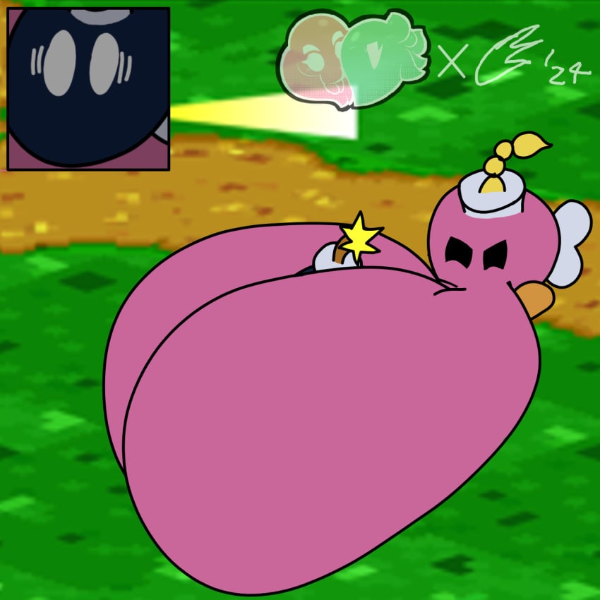 ball_with_hyper_features bob-omb bombette breasts_bigger_than_head casual_nudity cum cum_explosion female fireball_(artist) hyper_breasts mario_(series) nintendo nippleless nude paper_mario shortstack teasing