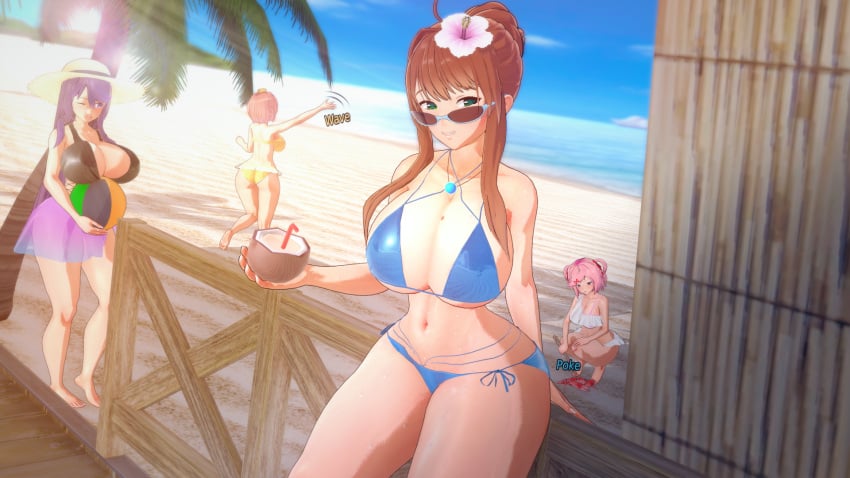 3d 4girls beach big_breasts big_penis bikini doki_doki_literature_club female female_only human i_do_things_(thingsdoi) koikatsu looking_at_viewer mole_on_breast monika_(doki_doki_literature_club) multiple_girls natsuki_(doki_doki_literature_club) sayori_(doki_doki_literature_club) summer swimsuit thick_thighs white_bow yuri_(doki_doki_literature_club)