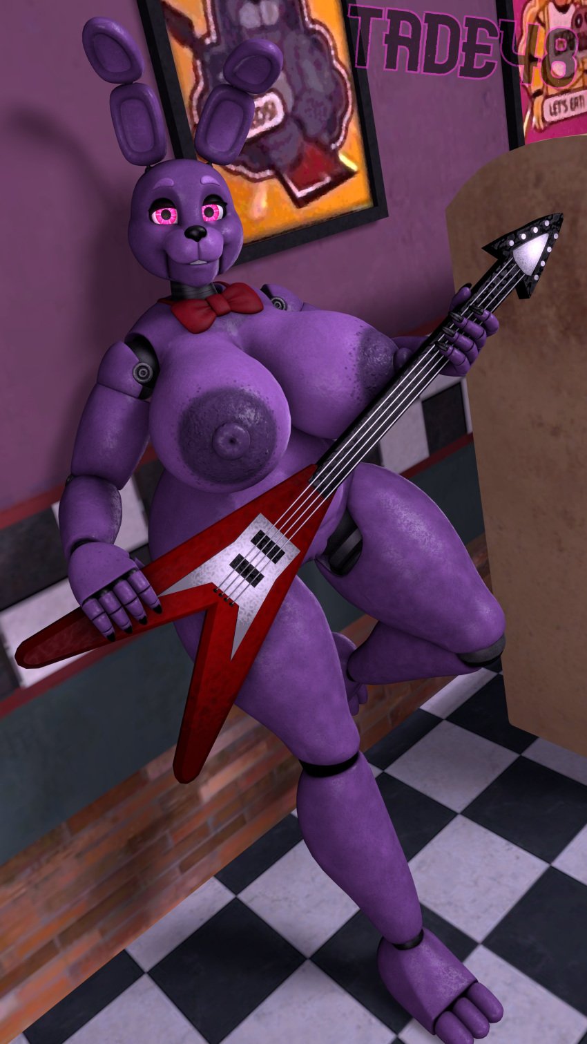 3d 3d_(artwork) absurd_res animatronic anthro areola big_breasts bonnie_(fnaf) bonnie_(octal) bow_tie breasts checkered checkered_floor female five_nights_at_freddy&#039;s genitals guitar hi_res huge_breasts lagomorph leaning_on_wall leporid machine mammal musical_instrument nipples pink_eyes plucked_string_instrument pussy rabbit robot solo string_instrument tade48 thick_thighs