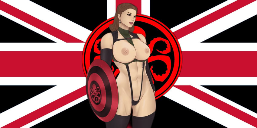 1girls 2024 breasts breasts_out british_flag captain_america_(series) captain_carter corruption fan_edit female female_only hayley_atwell human human_only hydra_(marvel) kronodeft light-skinned_female light_skin marvel mature mature_female nipples peggy_carter pubic_hair pubic_hair_peek self_upload shield skimpy standing stockings straps union_jack voluptuous voluptuous_female