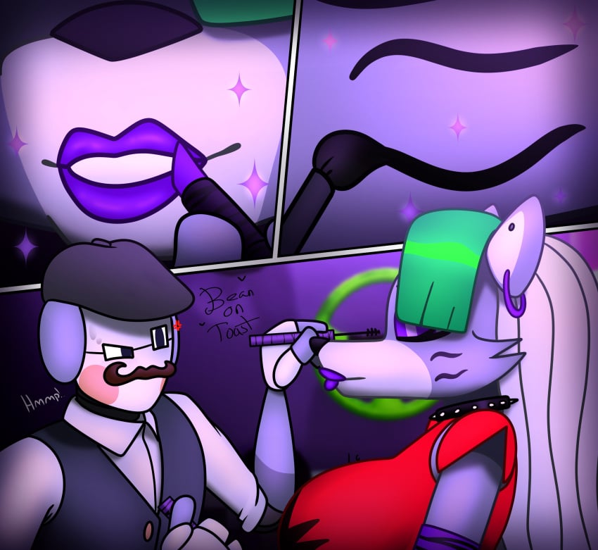 2d 2d_(artwork) 2d_artwork anthro b.o.t beanontoast comic female five_nights_at_freddy's five_nights_at_freddy's:_help_wanted_2 five_nights_at_freddy's:_security_breach fnaf green_hair grey_body male_staff_bot purple_lipstick robot_girl roxanne_wolf_(fnaf) scottgames staff_bot_(security_breach) steel_wool_studios