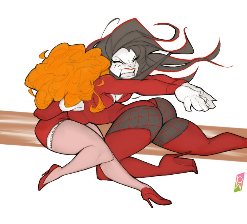 2girls ass big_ass black_hair boots cartoon cartoon_network catfight dominant_female female female_only fight fighting_stance fishnets ginger grimace high_heel_boots high_heels powerpuff_girls red_hair rivalry sara_bellum sedusa superheroine supervillain thick_thighs thigh_boots thighhighs thighs tomphelippe wellington_phelippe