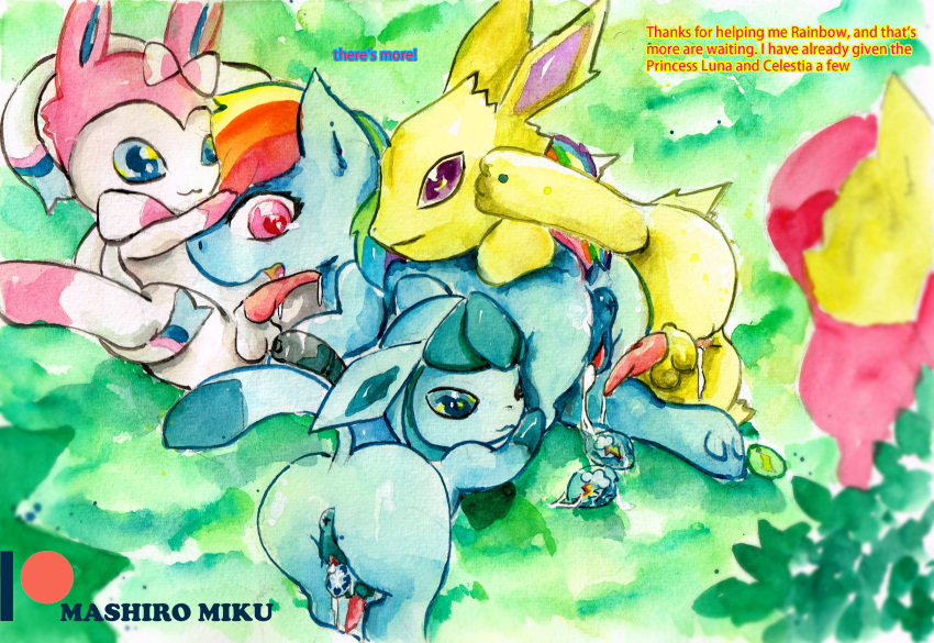 absurd_res crossover drawn eeveelution friendship_is_magic glaceon hi_res jolteon mashiromiku my_little_pony nintendo pokémon_(species) pokemon pokemon_(species) rainbow_dash_(mlp) smooth_skin sylveon video_games