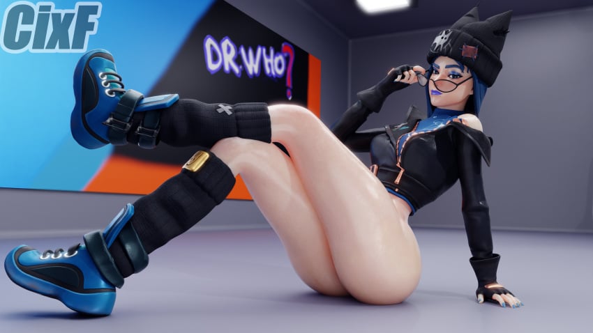 3d big_ass blue_hair buble_butt cixf fortnite glasses half-dressed hope_(fortnite) jacket jacket_off_shoulders looking_at_viewer no_panties no_pants shoes_without_bottomwear tagme thick_thighs