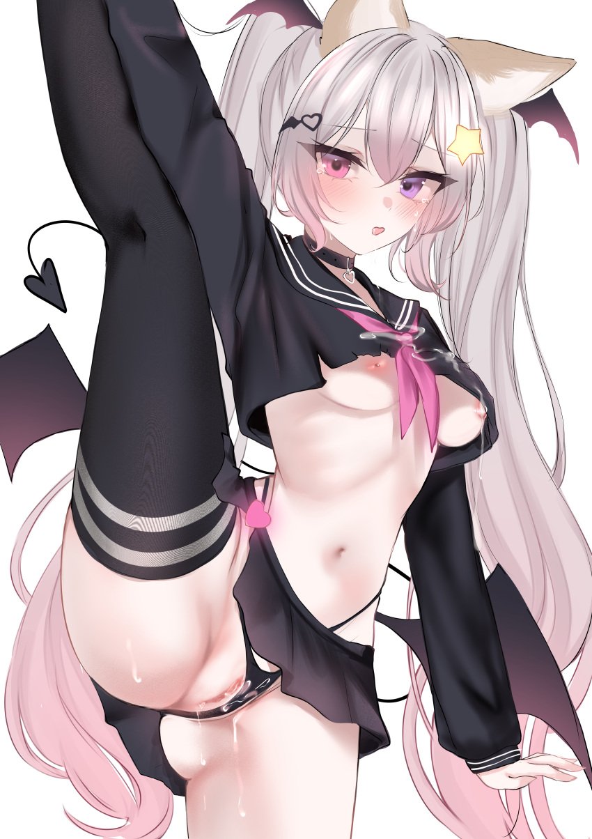 acedia_(artist) after_sex annytf ass blush breasts breasts_out breasts_peeking_out_of_shirt censored cum cum_drip cum_in_pussy cum_inside cum_on_clothes cum_on_panties fat_ass fox_ears fox_girl fox_tail holding_leg indie_virtual_youtuber legs_up miniskirt mosaic_censoring navel no_bra open_mouth panties_aside pussy pussy_juice pussy_juice_drip school_uniform sideboob stretching succubus thick_ass thick_thighs thighhighs tummy twintails underboob virtual_youtuber