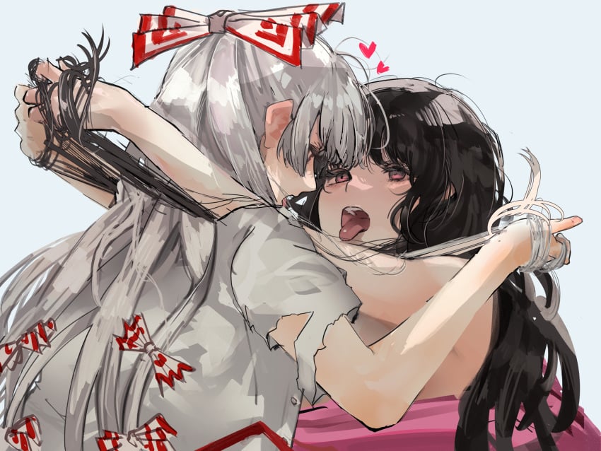 2girls arm_on_another's_shoulder black_hair bow catfight eneshi face-to-face female female_only fujiwara_no_mokou grabbing_another's_hair grey_hair grey_shirt hair hairbow hand_in_another's_hair hands_in_hair heart highres holding holding_another's_hair houraisan_kaguya long_hair multiple_girls multiple_hair_bows open_mouth pink_eyes pink_shirt red_bow shirt simple_background tongue tongue_out torn_clothes torn_sleeves touhou two-tone_bow upper_body very_long_hair white_background white_bow yuri