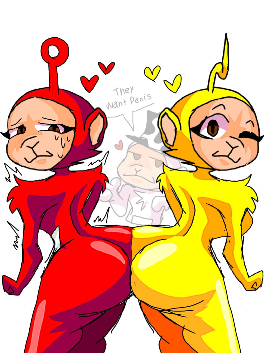 1boy 2girls artist_upload ass ass_docking ass_focus ass_to_ass ass_up asstragames brown_eyes duo_female english_text female_only laa-laa po_(teletubbies) red_body red_fur self_upload slendytubbies straight teletubbies the_main_slendytubbies_cast_and_enemies white_tubby yellow_body yellow_fur