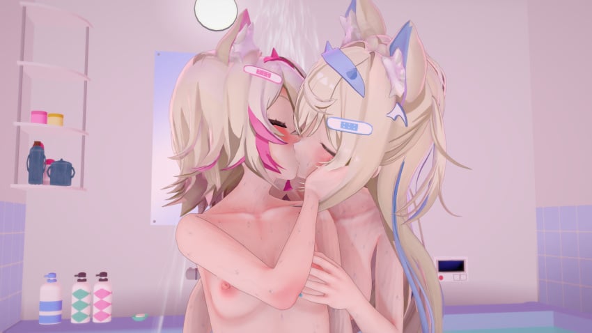 3d closed_eyes completely_naked completely_nude dog_ears dog_girl fondling fondling_breast fuwamoco fuwawa_abyssgard hololive hololive_english hololive_english_-advent- incest kissing koikatsu mococo_abyssgard sibling siblings sister sisters small_breasts the_devillust twins virtual_youtuber yuri