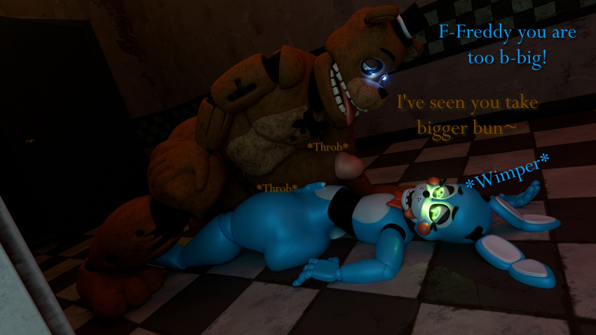 3d_(artwork) absurd_res animatronic anonymousfm anthro balls bear belly big_penis blue_body blush bow_tie brown_body brown_fur clothing digital_media_(artwork) duo english_text erection five_nights_at_freddy's five_nights_at_freddy's_2 fur genitals hat headgear headwear hi_res humanoid_genitalia humanoid_penis lagomorph leporid machine male male/male mammal nude overweight overweight_male penis penis_size_difference rabbit robot scott_cawthon scottgames size_difference text toy_bonnie_(fnaf) withered_freddy withered_freddy_(fnaf)