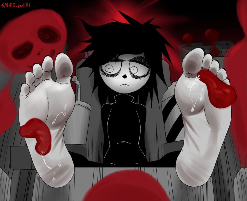 absurd_res artist_request black_clothing black_eyeliner black_hair cinema concerned_look dark_background disembodied_tongue feet_up female_focus foot_fetish foot_focus foot_lick foot_worship goth_girl hi_res i_can't_sleep monstrous_humanoid movie_theater nia_(i_can't_sleep) pale-skinned_female pale_soles popcorn_bucket red_glow red_light red_shades saliva_on_foot salmo_(artist) soda_bottle soles spooky surprised_expression tired_eyes toes