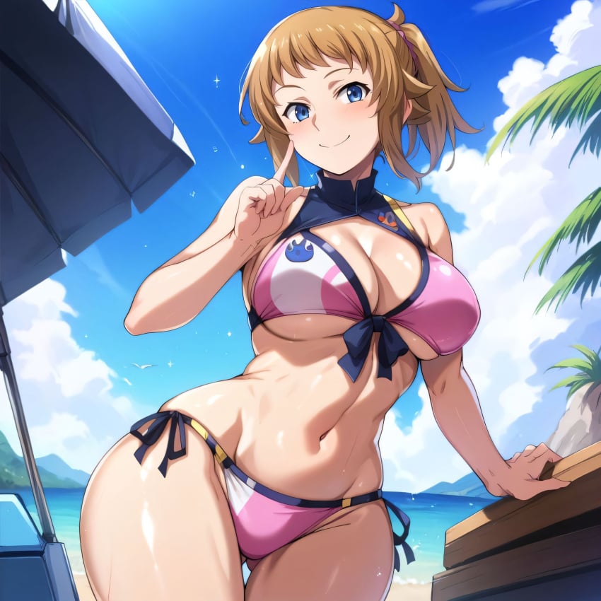 1girls ai_generated alternate_breast_size big_breasts bikini bostin breasts busty curvaceous curvy curvy_body curvy_female curvy_figure female gundam_build_fighters hoshino_fumina huge_breasts large_breasts nipples sweat sweating sweaty sweaty_body sweaty_breasts swimwear thick_thighs thighs venus_body