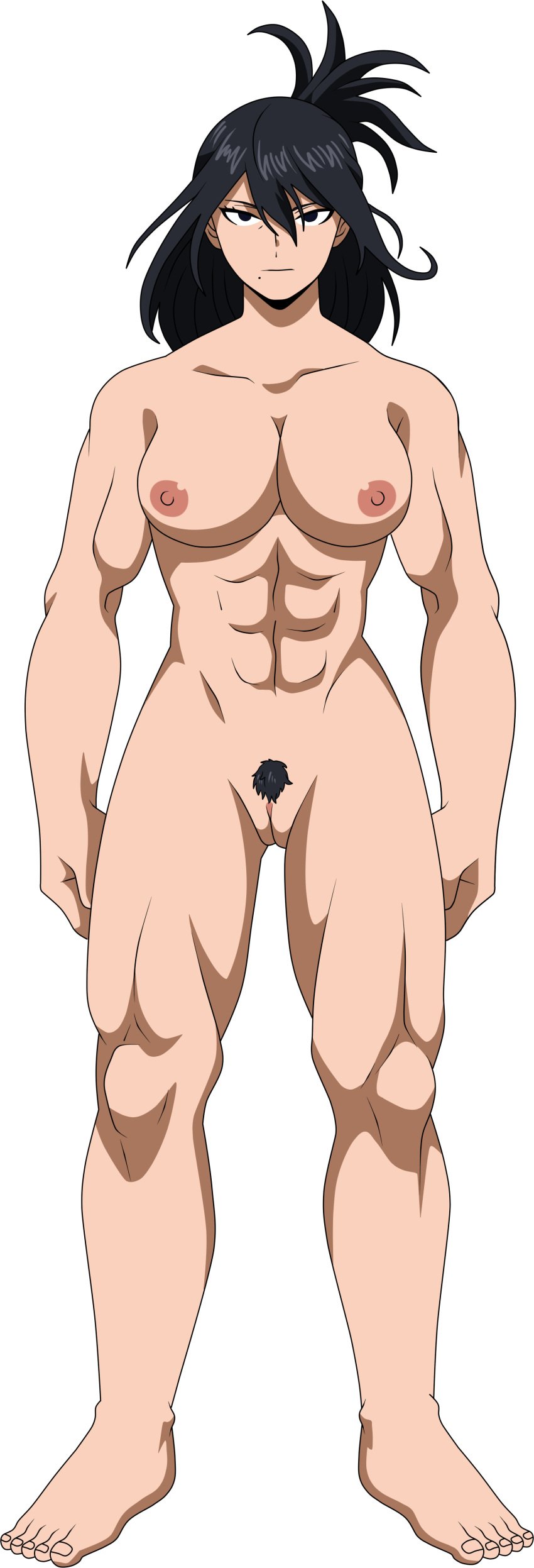 abs barefoot black_hair_female completely_nude feet full_body hair_between_eyes hairy_pussy highres lionprideart mole mole_under_mouth muscles muscular_female my_hero_academia nana_shimura nude nude_female png pubic_hair standing transparent_background transparent_png