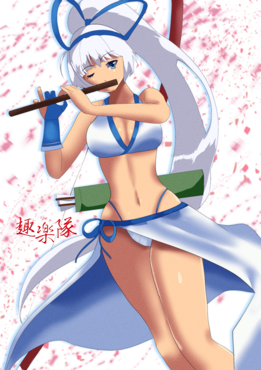 1girls big_breasts bikini blue_eyes breasts busty cleavage dark-skinned_female dark_skin female female_only fingerless_gloves flute gloves grey_hair hair_ribbon hi_res highres instrument large_breasts legs looking_at_viewer majikina_mina musical_instrument navel one_eye_closed playing_instrument ponytail ribbon samurai_shodown sarong snk solo swimsuit thighs thong_bikini