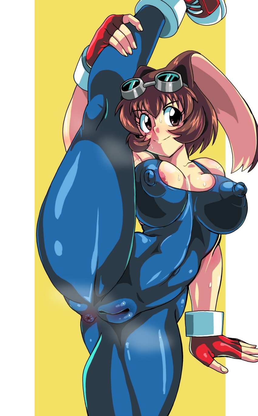 1girls anus areola_slip arina_makihara arm_up big_breasts bodysuit breasts brown_eyes brown_hair busty cameltoe cleavage cleft_of_venus confident covered_navel covered_nipples erect_nipples_under_clothes fingerless_gloves flexible gloves goggles goggles_on_head highres jacket large_breasts leg_grab leg_lift leg_up legs looking_at_viewer open_clothes open_jacket pose posing rabbit_ears rabbit_girl sensual shoes short_hair smile sneakers solo spandex sweat thighs toned waku_waku_7