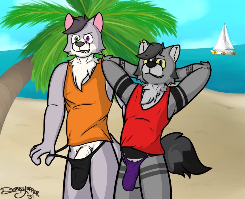 absurd_res anthro balls beach biped bottomless bulge canid canine canis clothed clothing darkyapper detailed_bulge digital_media_(artwork) duo fox foxstep genital_outline genitals grey_body hi_res male male/male male_anthro mammal penis penis_base penis_outline romantic romantic_couple shirt shirt_only smile tattoo thong topwear topwear_only true_fox underwear vein veiny_penis wolf yeik_ancient