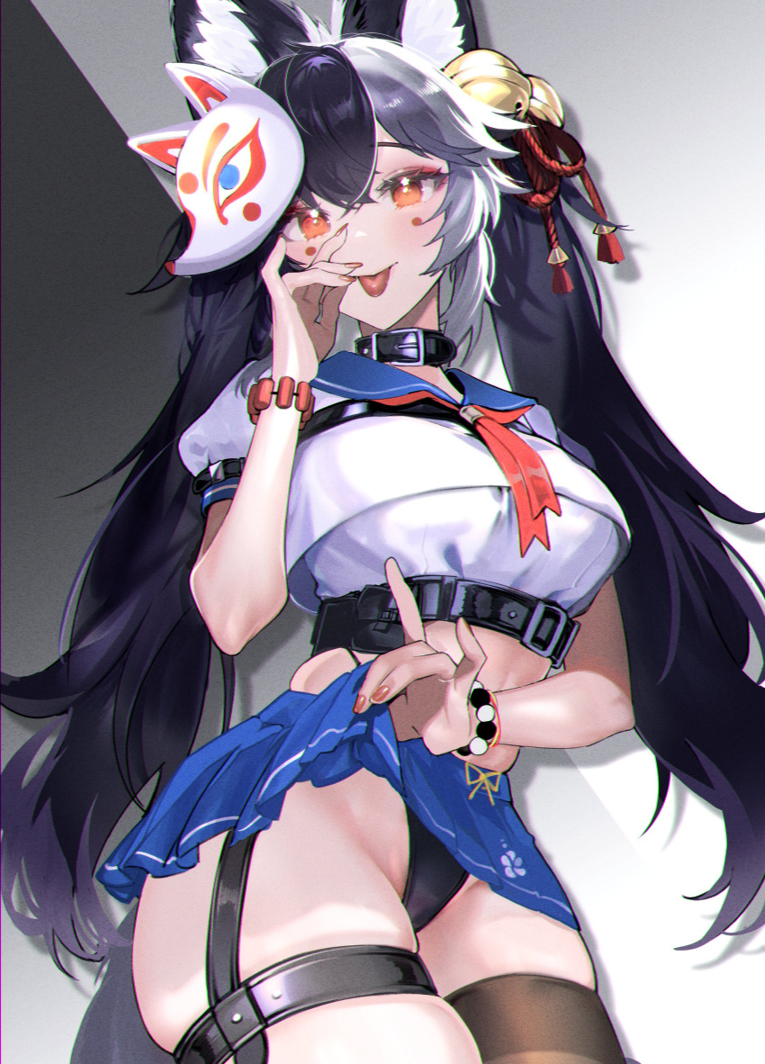 belt belt_collar black_hair fox fox_ears fox_girl fox_tail fuckable gammainkk inviting large_breasts long_hair microskirt miniskirt pulling_skirt sailor_uniform schoolgirl showing_off skimpy skimpy_panties skirt_lift small_panties teasing thick_hips thick_thighs thigh_belt thigh_squish thigh_strap thighs thighs_together thong thong_above_skirt tongue tongue_out two_tone_hair virtual_youtuber white_hair