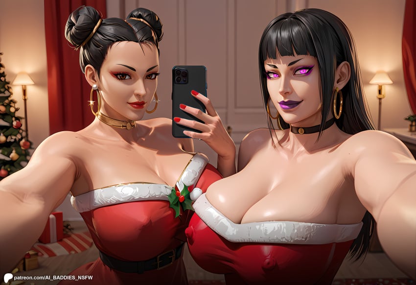 ai_assisted ai_baddies ai_generated asian asian_female black_hair brown_hair christmas christmas_outfit chun-li close-up cowboy_shot festive gift glowing_eyes hair_bun hair_buns holidays inside juri_han large_breasts light-skinned_female light_skin looking_at_viewer pale_skin party patreon patreon_link patreon_logo patreon_url patreon_username purple_eyes purple_lipstick red_dress santa_costume santa_hat selfie smirk street_fighter street_fighter_6 street_fighter_v