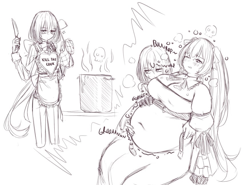 1boy 1girls belly_noises belly_sounds big_belly big_breasts bloated bloated_belly blush burp burping chef cleavage clothed clothing colorless cooking female gassy gurgle gurgling gurgling_belly gurgling_noise indigestion long_hair male navel oc orristerioso rumbling_stomach sketch stomach_noises tight_clothing twintails uncomfortable