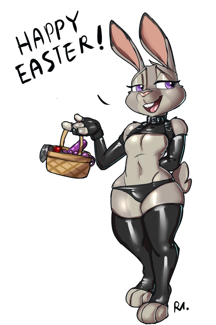 2019 anthro ball_gag ball_gag_unused bluecoffeedog bondage clothed clothing disney female flat_chest gag hi_res judy_hopps lagomorph leporid mammal panties rabbit red_ball_gag sex_toy signature simple_background smile solo standing stockings text white_background zootopia