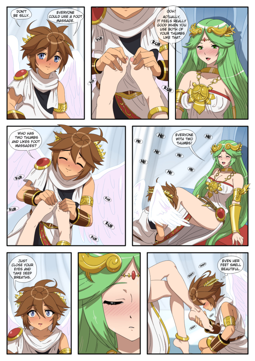 1boy 1girls age_difference angel angel_wings anklet armwear barefoot blue_eyes brown_hair comic crown dialogue fanfiction feet feet_sniff foot foot_fetish foot_massage foot_worship goddess gold green_eyes green_hair highres inusen kid_icarus kid_icarus_uprising long_hair massage medallion nintendo palutena pink_toenails pit pit_(kid_icarus) short_hair smell tagme wings