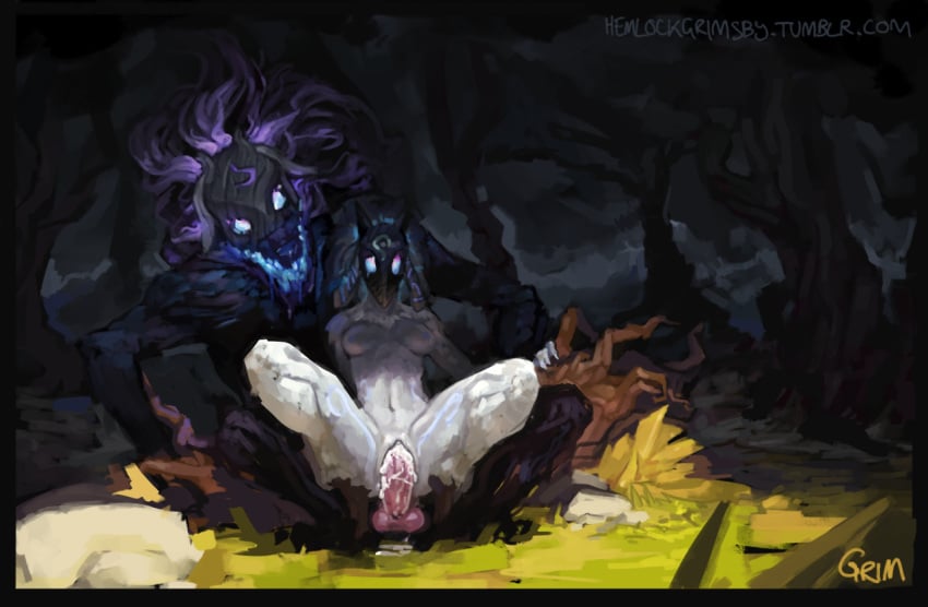 anthro anthro_on_anthro black_fur bovid breasts canid canine canis caprine chair_position detailed_background featureless_breasts female forest fur furry grass hemlockgrimsby kindred lamb lamb_(league_of_legends) larger_male league_of_legends male mammal mask penis purple_hair riot_games sex size_difference smaller_female straight tree white_fur wolf wolf_(league_of_legends)