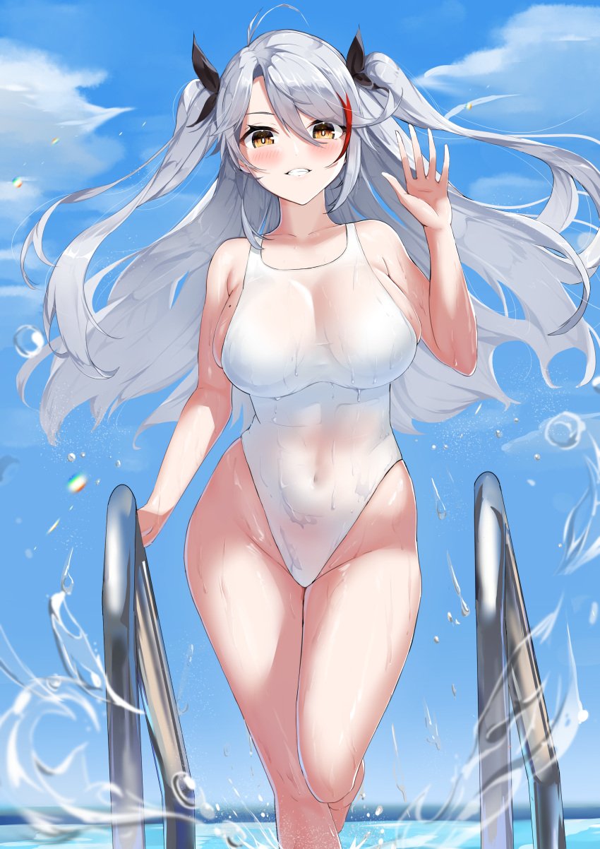 1girls absurd_res absurdres adult adult_female ahoge antenna_hair arm_up azur_lane bare_arms bare_calves bare_hands bare_hips bare_knees bare_legs bare_shoulders bare_skin bare_thighs barefoot belly belly_button bikini black_hair_ribbon black_ribbon blue_background blue_sky breasts brown_eyes brown_eyes_female busty busty_female calves cleavage clouds collarbone day daylight daytime dot_nose dripping_wet elbows exposed exposed_arms exposed_feet exposed_legs exposed_shoulders exposed_thighs female female_focus female_only fingers full_body grin groin hair_between_eyes hair_ribbon hand_up high_resolution highres hourglass_figure knees knees_together knees_together_feet_apart large_breasts lean_body lean_figure legs legs_together legs_together_feet_apart light-skined_female light-skinned light-skinned_female light_skin light_skin_female light_skinned light_skinned_female long_hair looking_at_viewer looking_down looking_down_at_viewer marumai mature mature_female mole mole_on_breast multicolored_hair narrow_waist navel one-piece_swimsuit outdoor outdoors outside parted_bangs parted_lips pool prinz_eugen_(azur_lane) pussy railing red_hair red_hair_female ribbon running shoulders sidelocks simple_background sky slender_body slender_waist slim_girl slim_waist smile smiley_face smiling smiling_at_viewer smirk soaked soaked_pussy solo standing swimsuit swimwear thick_thighs thighs thin_waist twintails twintails_(hairstyle) v-line waving waving_at_viewer waving_hand wet wet_belly wet_bikini wet_body wet_breasts wet_legs wet_pussy wet_skin wet_thighs white_bikini white_eyebrows white_hair white_hair_female white_one-piece_swimsuit white_pupils white_swimsuit white_swimwear wide_hips yellow_eyes yellow_eyes_female