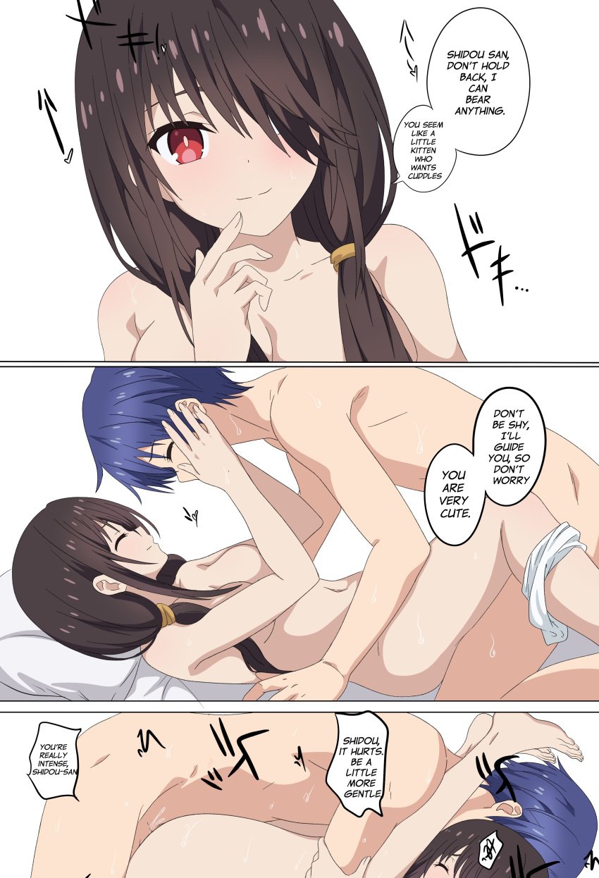 1boy bed black_hair blue_hair date_a_live female itsuka_shido kevcrexx legs_up missionary_position missionary_sex panels penetration red_eyes sex sex_on_bed sweat text_bubble tokisaki_kurumi