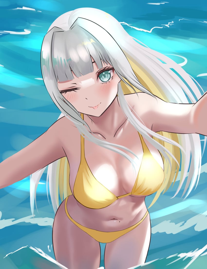 1girls 2d 2d_(artwork) alternate_costume belly_button big_breasts bikini bikini_bottom bikini_top blush bra day eru_nabura estebaneishon1 female female_focus female_only front_view grey_hair high_resolution highres indie_virtual_youtuber light-skinned_female light_skin long_hair looking_at_viewer mole mole_on_stomach navel ocean one_eye_closed slim_girl smiling smiling_at_viewer solo solo_female solo_focus standing standing_in_water summer thong thong_bikini virtual_youtuber vtuber vtuberfanart water white_background white_hair yellow_bikini yellow_bikini_bottom yellow_bikini_top yellow_hair young younger_female